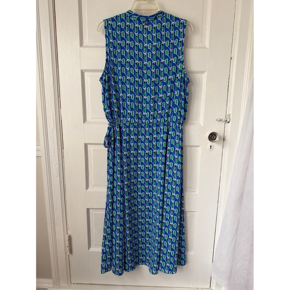 Anne Klein Blue & Green Geometric Sleeveless Maxi Dress Cinched Waist Office Lg - Picture 11 of 17